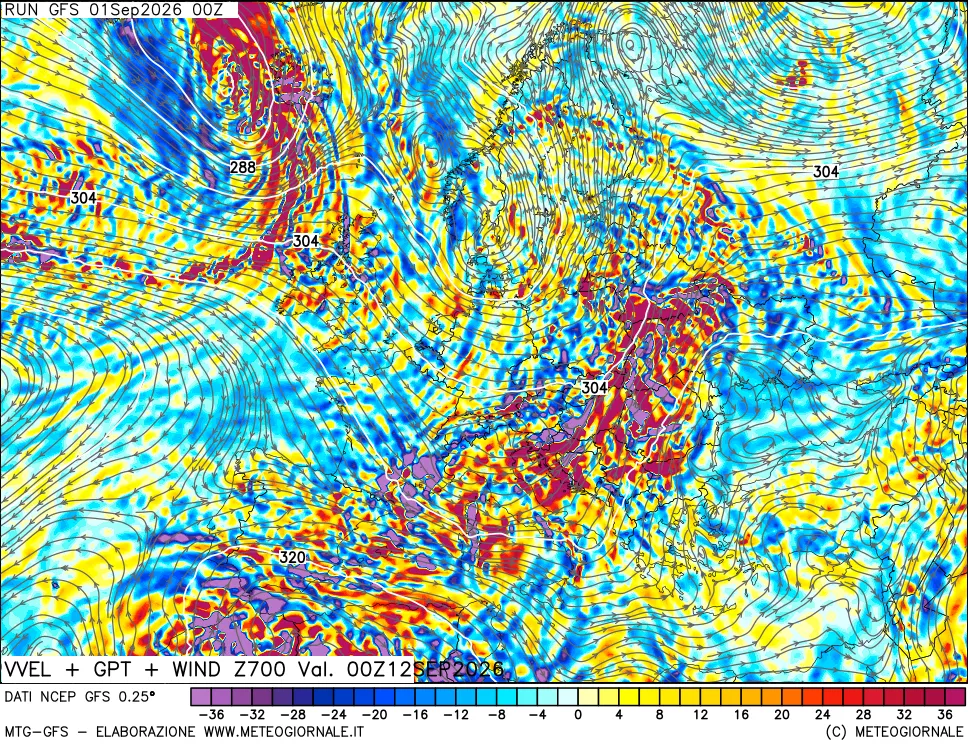 mappa 700 hPa Velocità verticiali + GPT + Vento