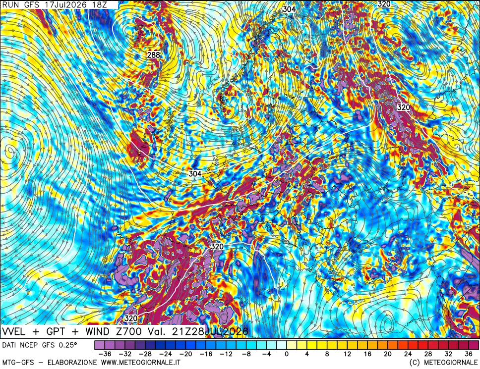 mappa 700 hPa Velocità verticiali + GPT + Vento