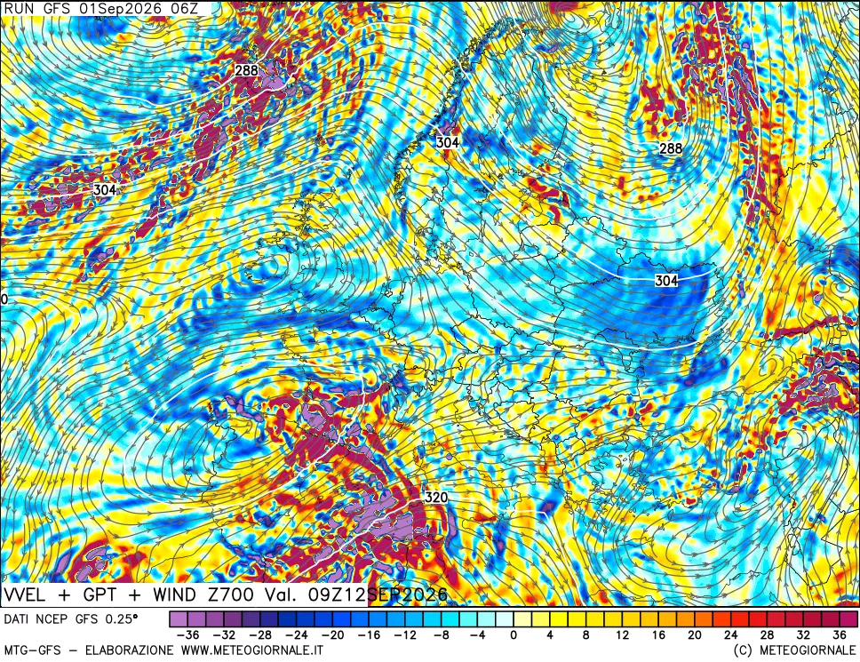 mappa 700 hPa Velocità verticiali + GPT + Vento