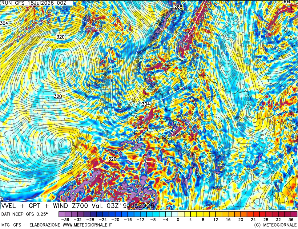 mappa 700 hPa Velocità verticiali + GPT + Vento