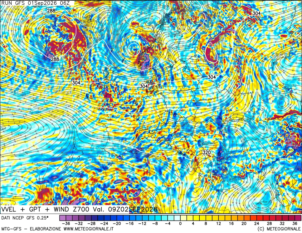 mappa 700 hPa Velocità verticiali + GPT + Vento