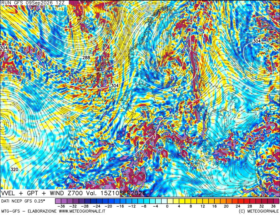 mappa 700 hPa Velocità verticiali + GPT + Vento