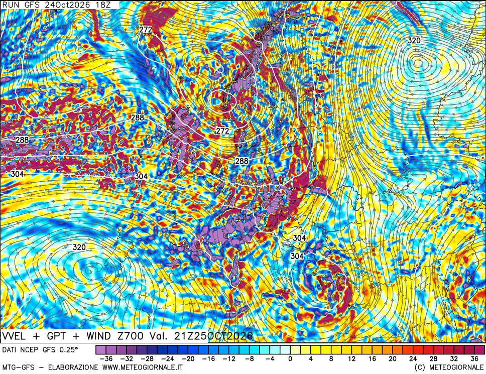 mappa 700 hPa Velocità verticiali + GPT + Vento