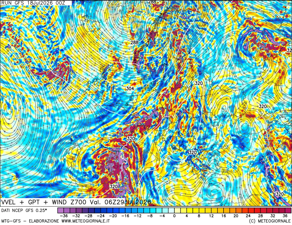 mappa 700 hPa Velocità verticiali + GPT + Vento