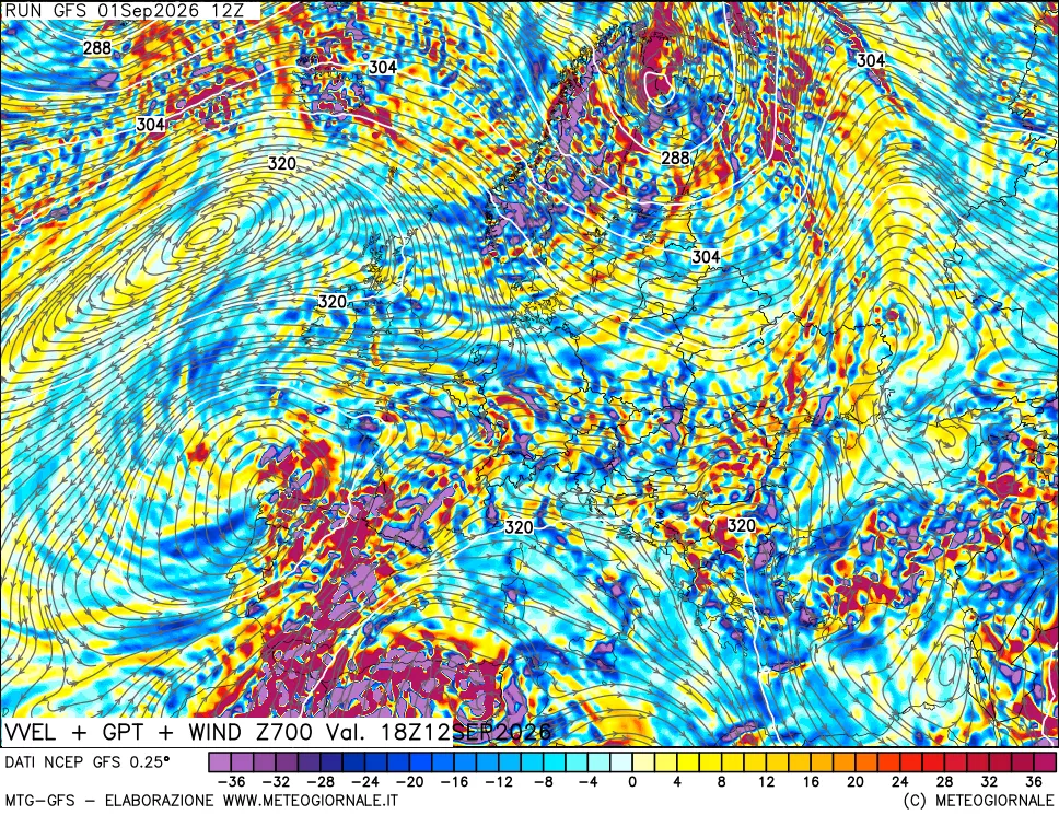 mappa 700 hPa Velocità verticiali + GPT + Vento