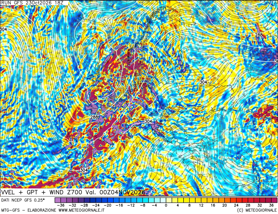 mappa 700 hPa Velocità verticiali + GPT + Vento