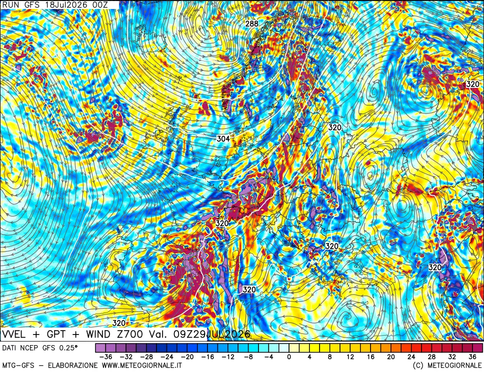 mappa 700 hPa Velocità verticiali + GPT + Vento