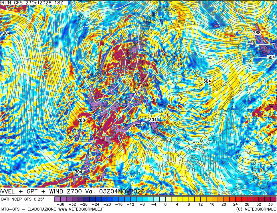 mappa 700 hPa Velocità verticiali + GPT + Vento
