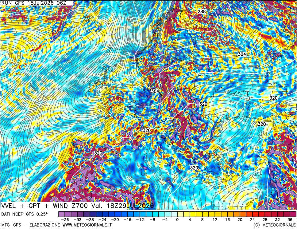 mappa 700 hPa Velocità verticiali + GPT + Vento