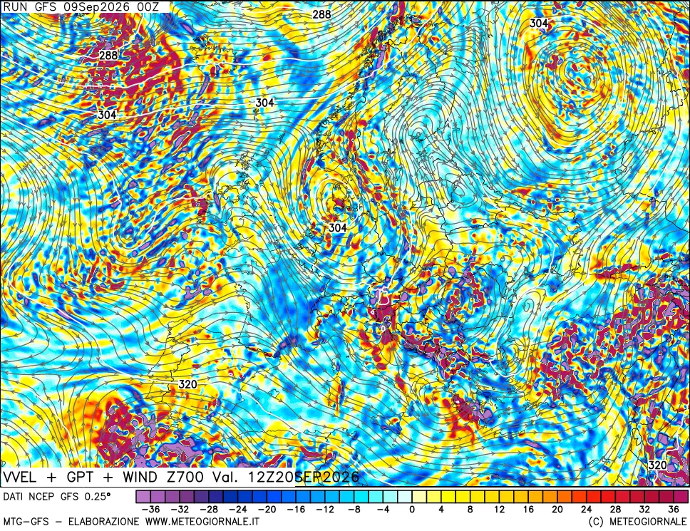 mappa 700 hPa Velocità verticiali + GPT + Vento