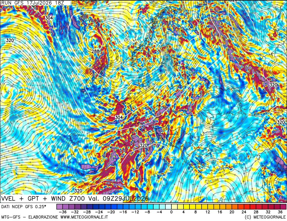 mappa 700 hPa Velocità verticiali + GPT + Vento