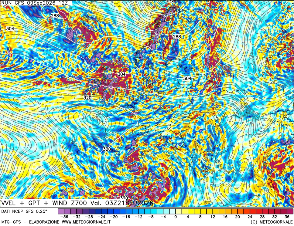 mappa 700 hPa Velocità verticiali + GPT + Vento