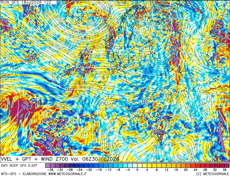 mappa 700 hPa Velocità verticiali + GPT + Vento
