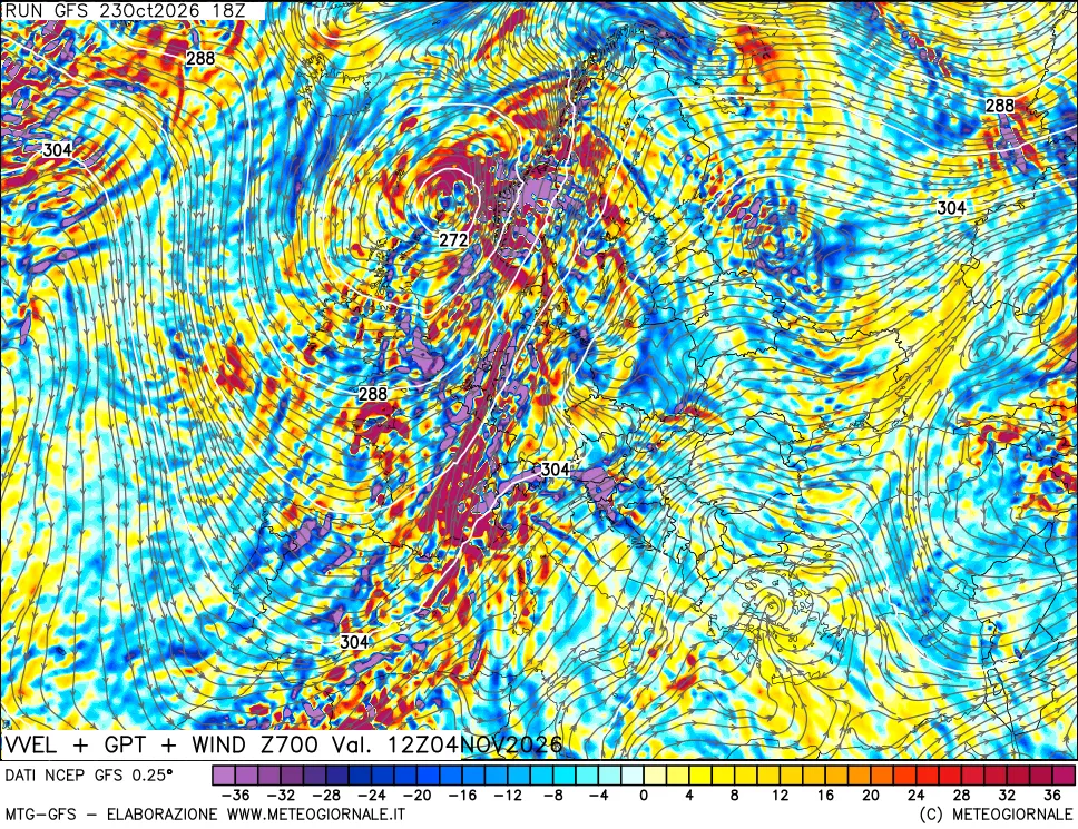 mappa 700 hPa Velocità verticiali + GPT + Vento