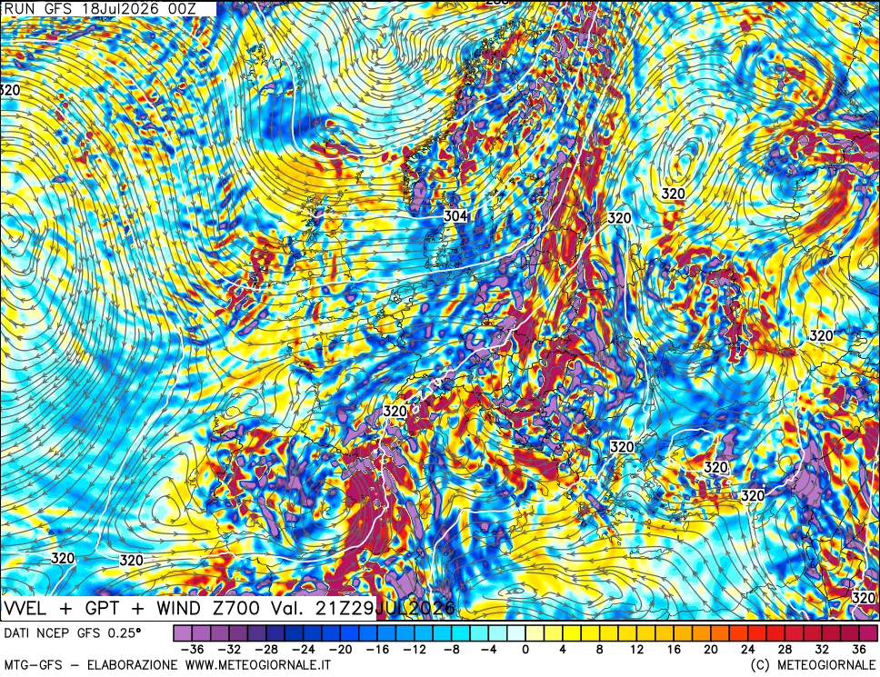 mappa 700 hPa Velocità verticiali + GPT + Vento