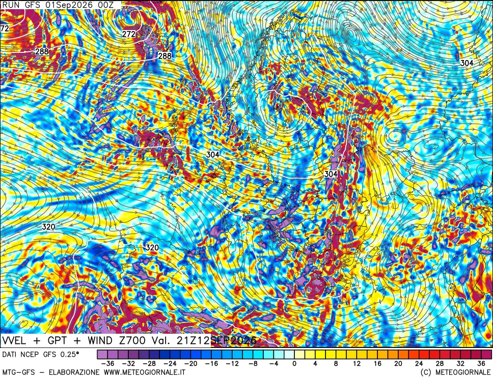 mappa 700 hPa Velocità verticiali + GPT + Vento