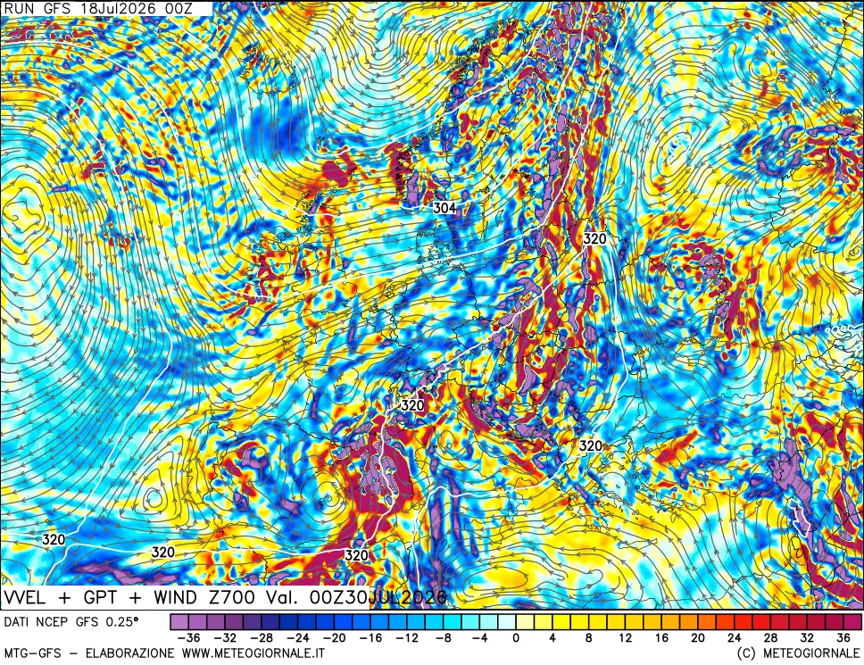 mappa 700 hPa Velocità verticiali + GPT + Vento