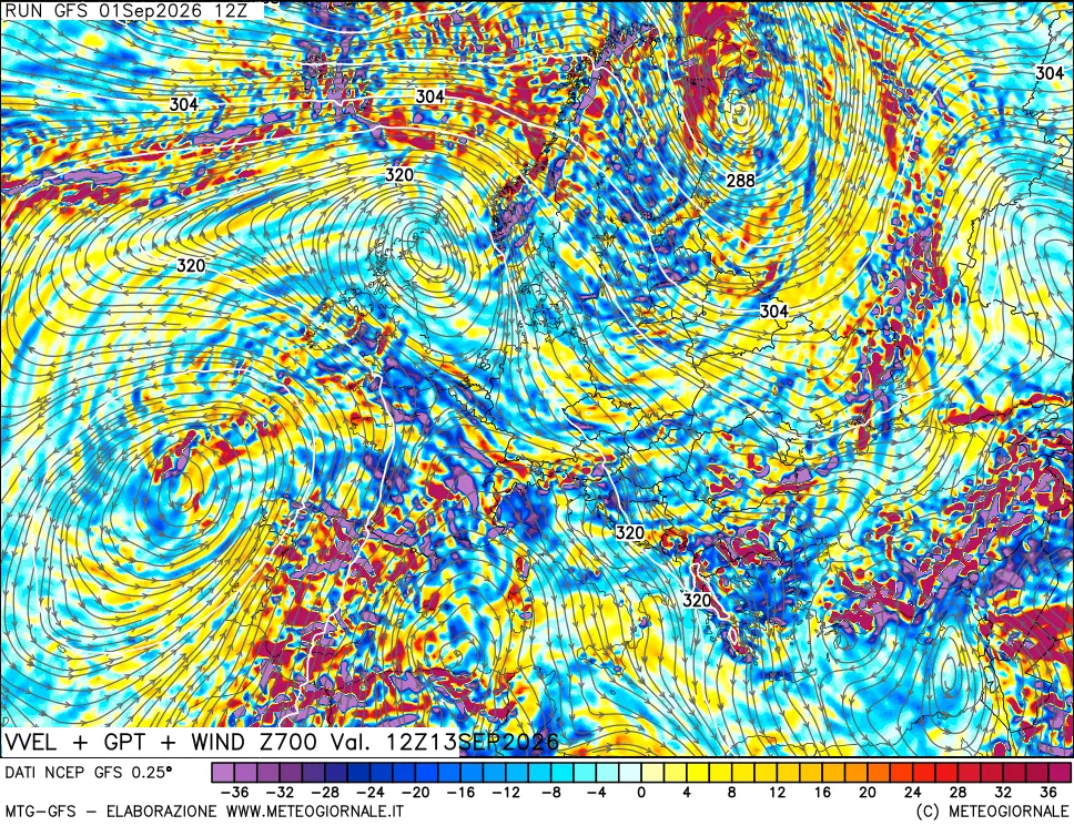 mappa 700 hPa Velocità verticiali + GPT + Vento