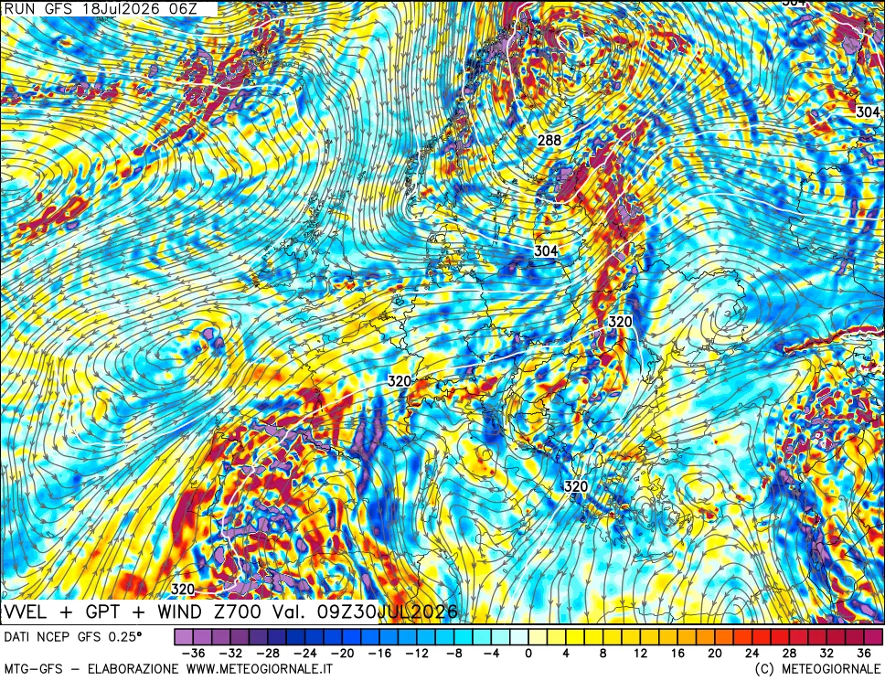 mappa 700 hPa Velocità verticiali + GPT + Vento