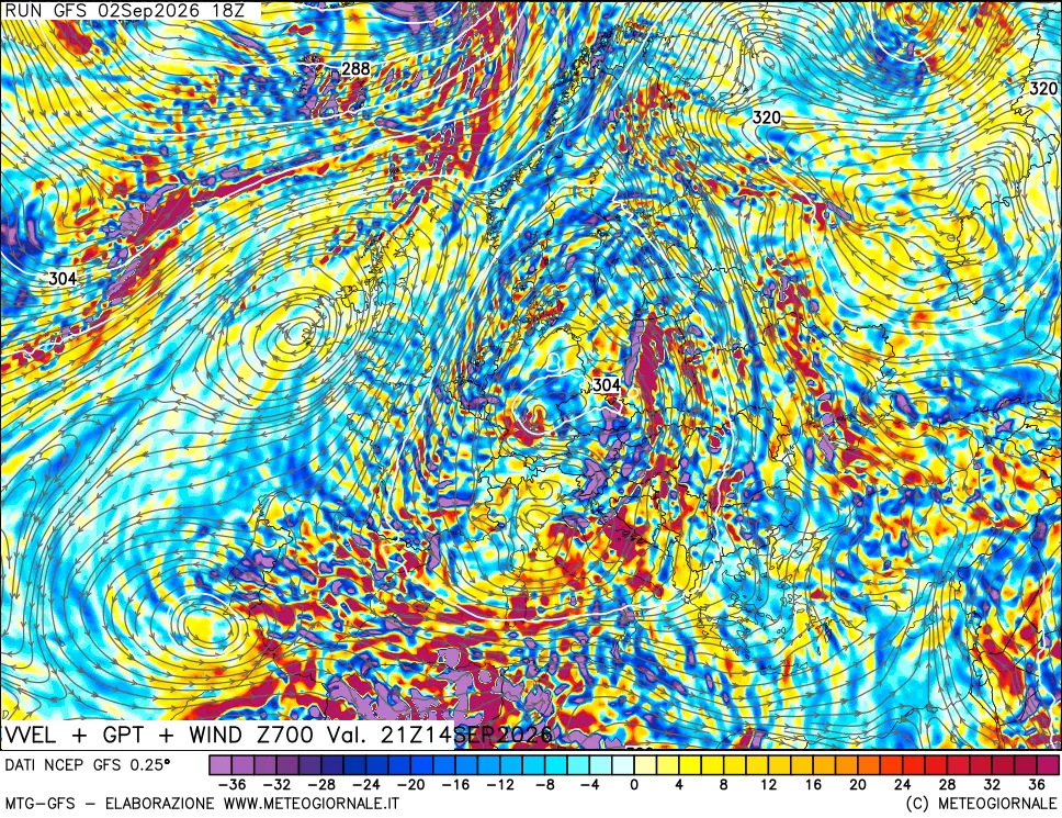 mappa 700 hPa Velocità verticiali + GPT + Vento