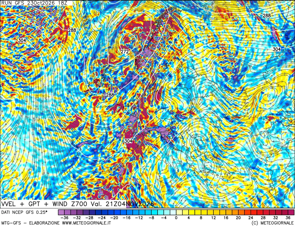 mappa 700 hPa Velocità verticiali + GPT + Vento