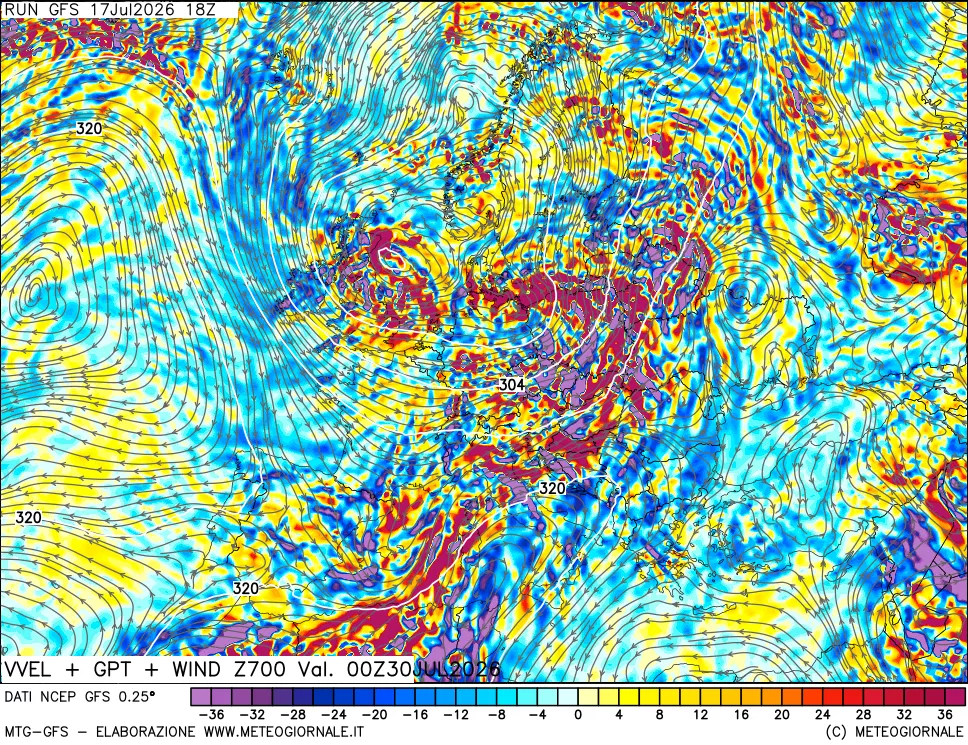 mappa 700 hPa Velocità verticiali + GPT + Vento