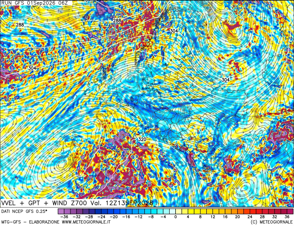 mappa 700 hPa Velocità verticiali + GPT + Vento