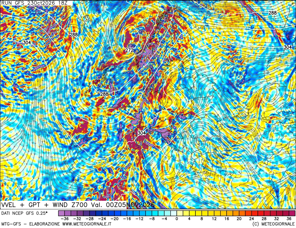 mappa 700 hPa Velocità verticiali + GPT + Vento