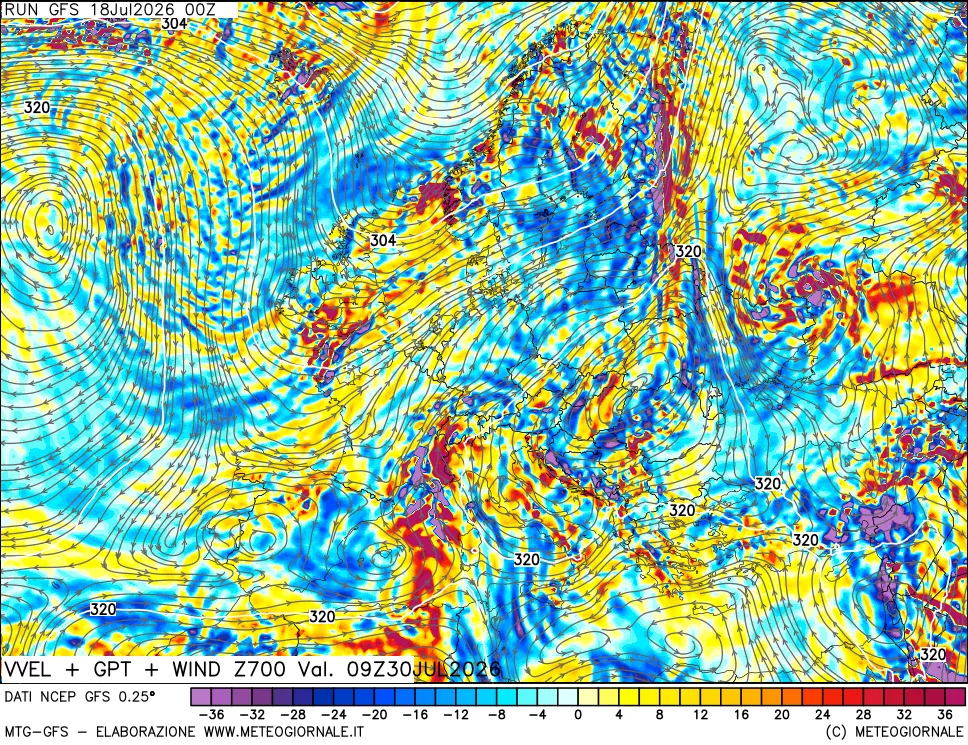mappa 700 hPa Velocità verticiali + GPT + Vento