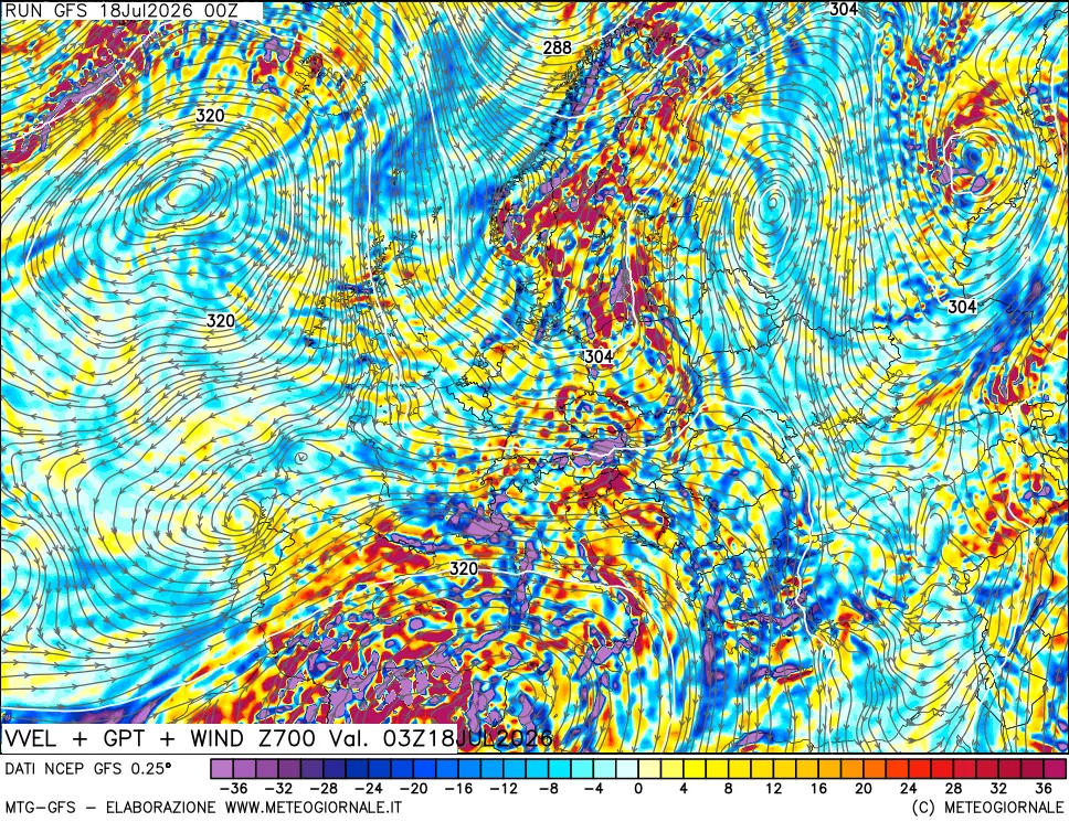 mappa 700 hPa Velocità verticiali + GPT + Vento