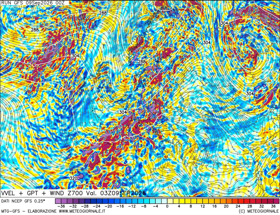 mappa 700 hPa Velocità verticiali + GPT + Vento