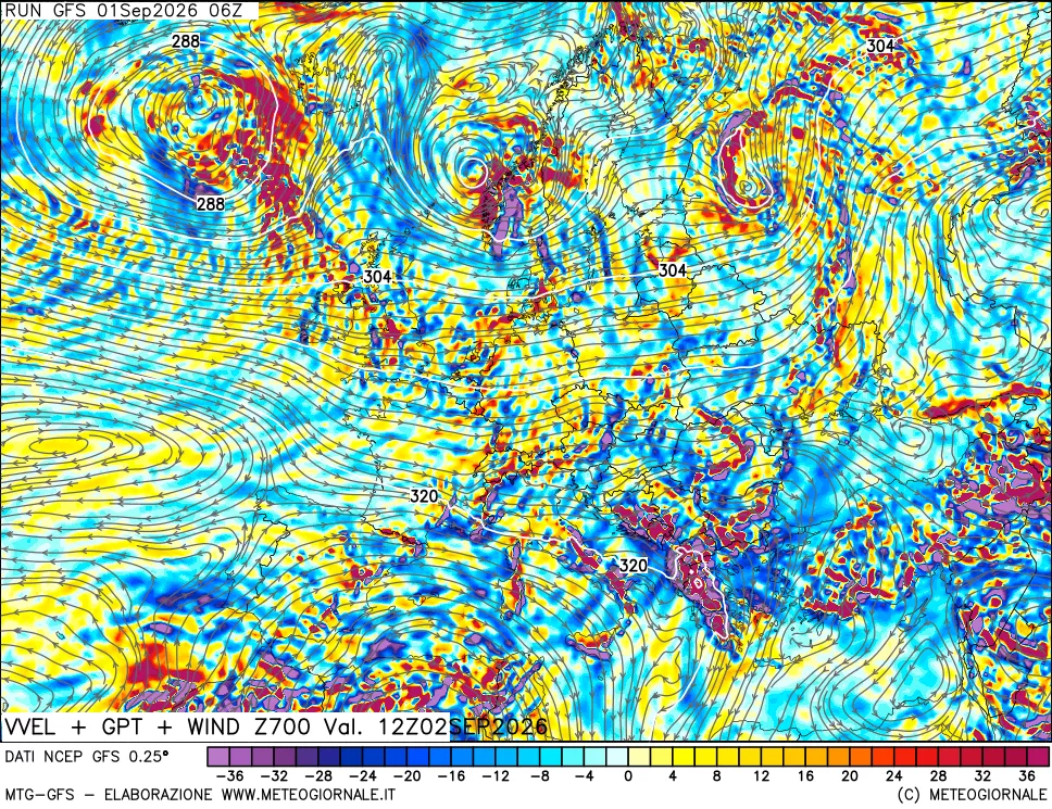 mappa 700 hPa Velocità verticiali + GPT + Vento
