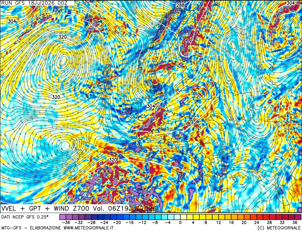 mappa 700 hPa Velocità verticiali + GPT + Vento