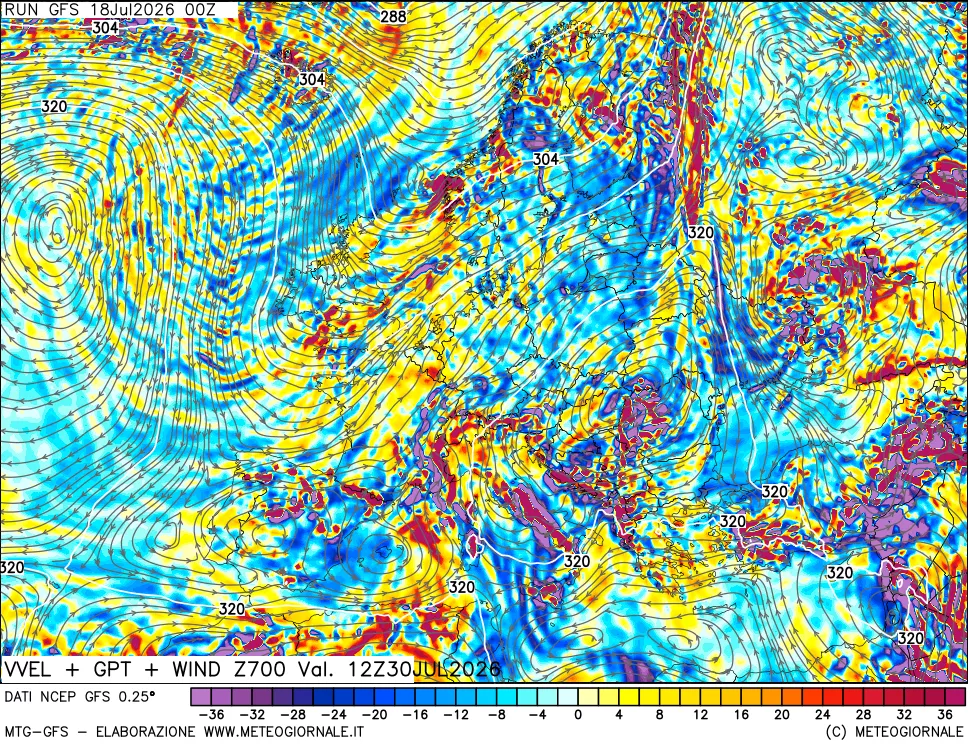 mappa 700 hPa Velocità verticiali + GPT + Vento