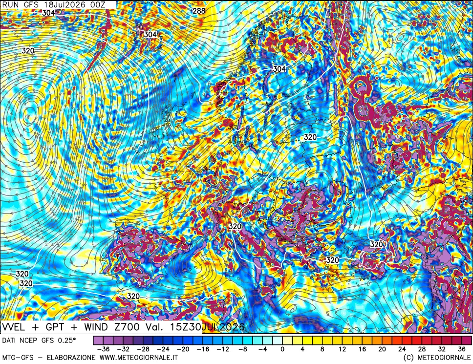 mappa 700 hPa Velocità verticiali + GPT + Vento