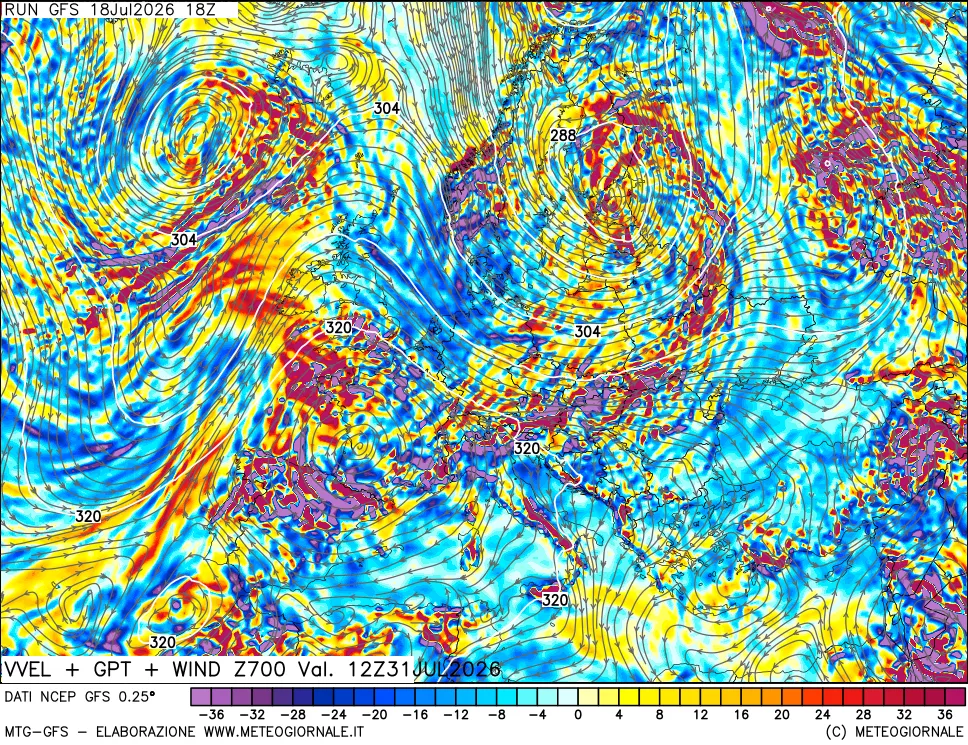 mappa 700 hPa Velocità verticiali + GPT + Vento