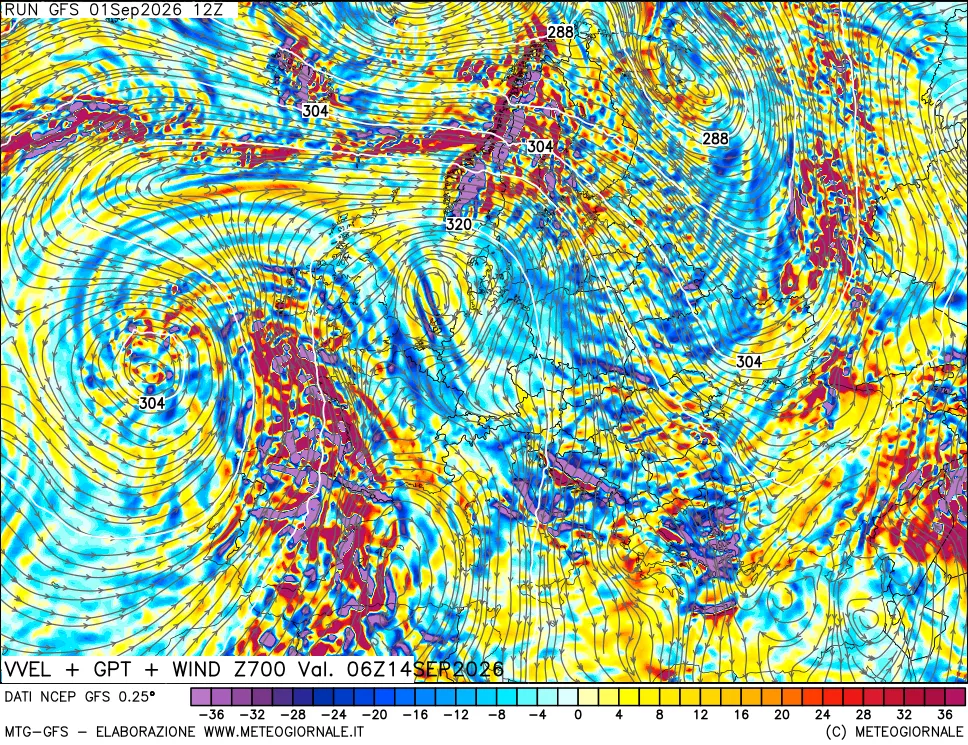 mappa 700 hPa Velocità verticiali + GPT + Vento