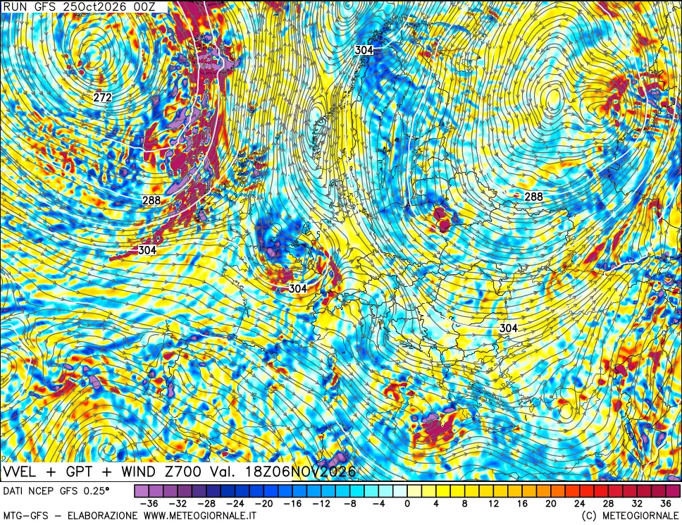 mappa 700 hPa Velocità verticiali + GPT + Vento