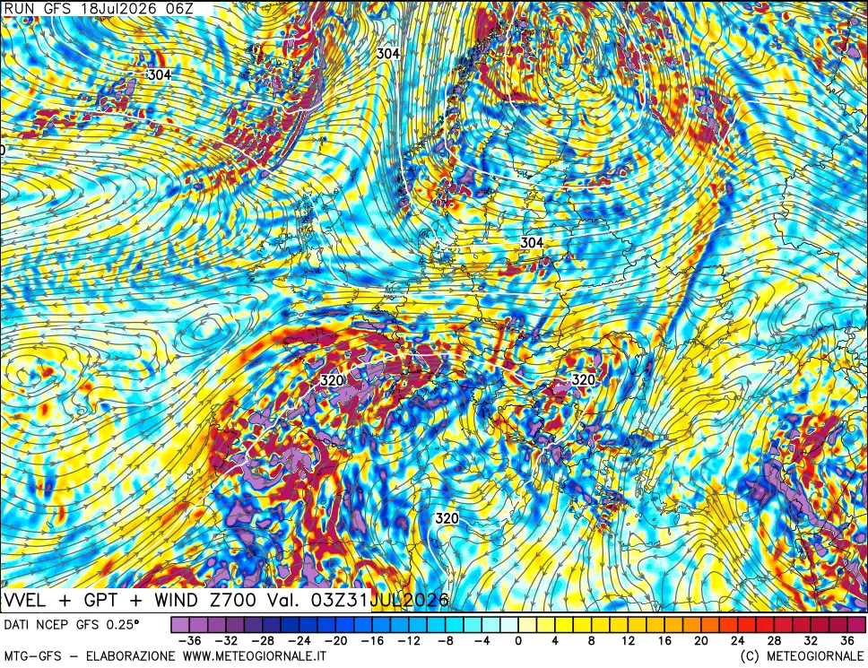 mappa 700 hPa Velocità verticiali + GPT + Vento