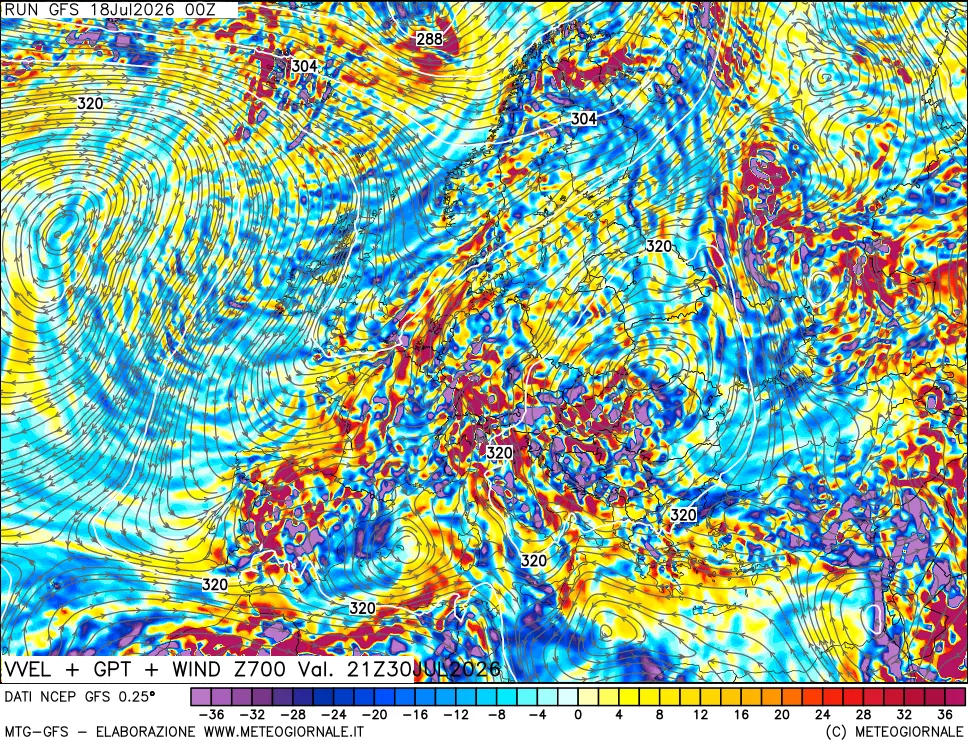 mappa 700 hPa Velocità verticiali + GPT + Vento
