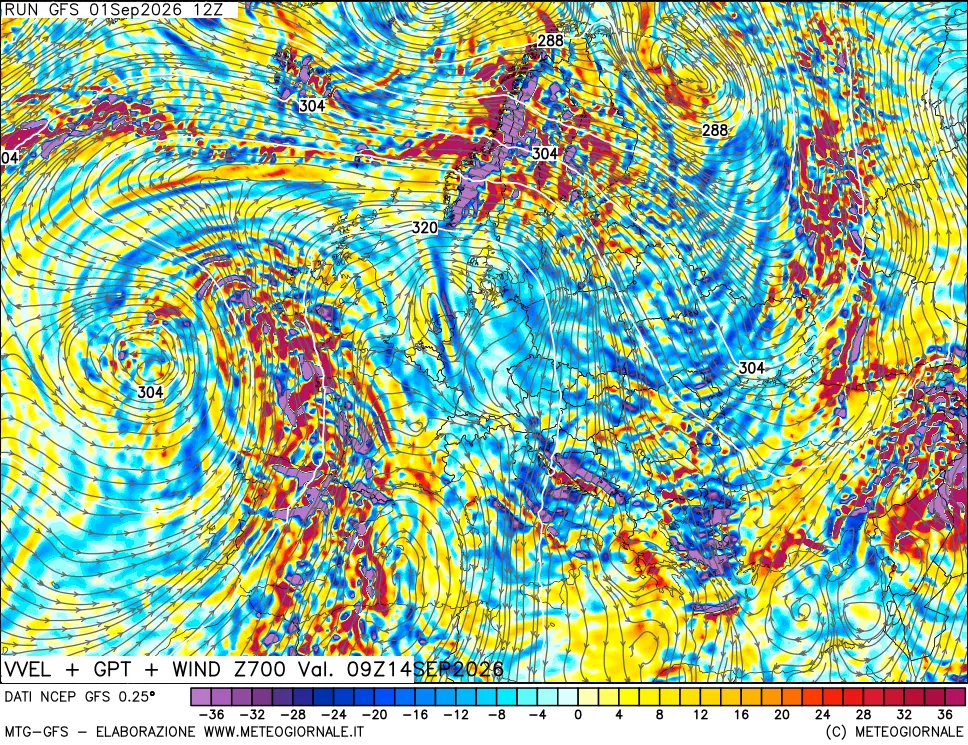 mappa 700 hPa Velocità verticiali + GPT + Vento