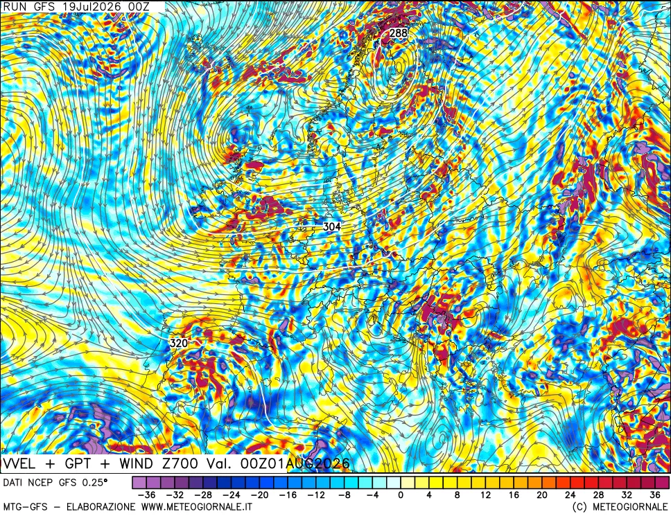 mappa 700 hPa Velocità verticiali + GPT + Vento