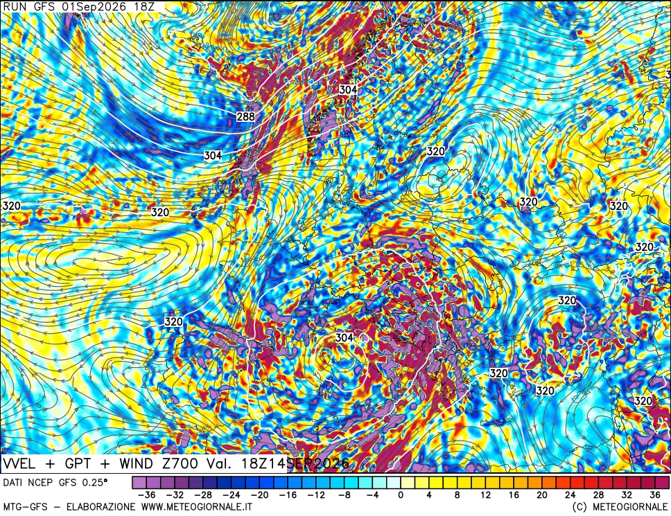 mappa 700 hPa Velocità verticiali + GPT + Vento