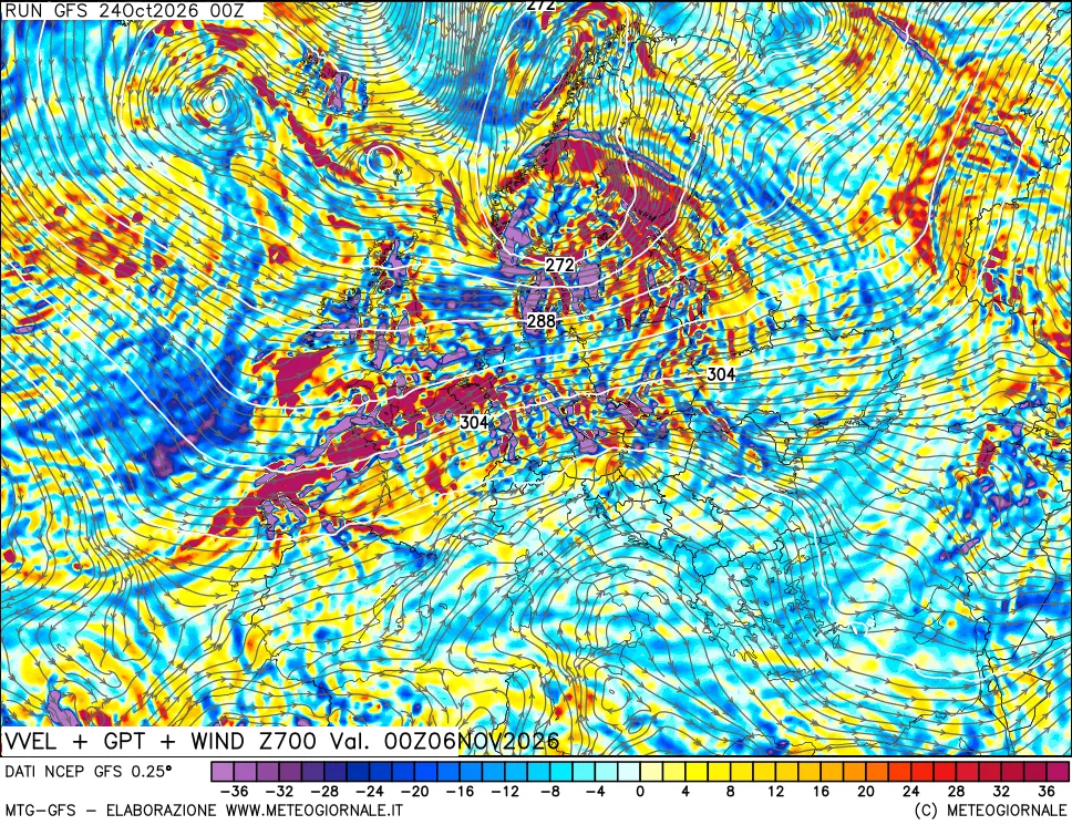 mappa 700 hPa Velocità verticiali + GPT + Vento