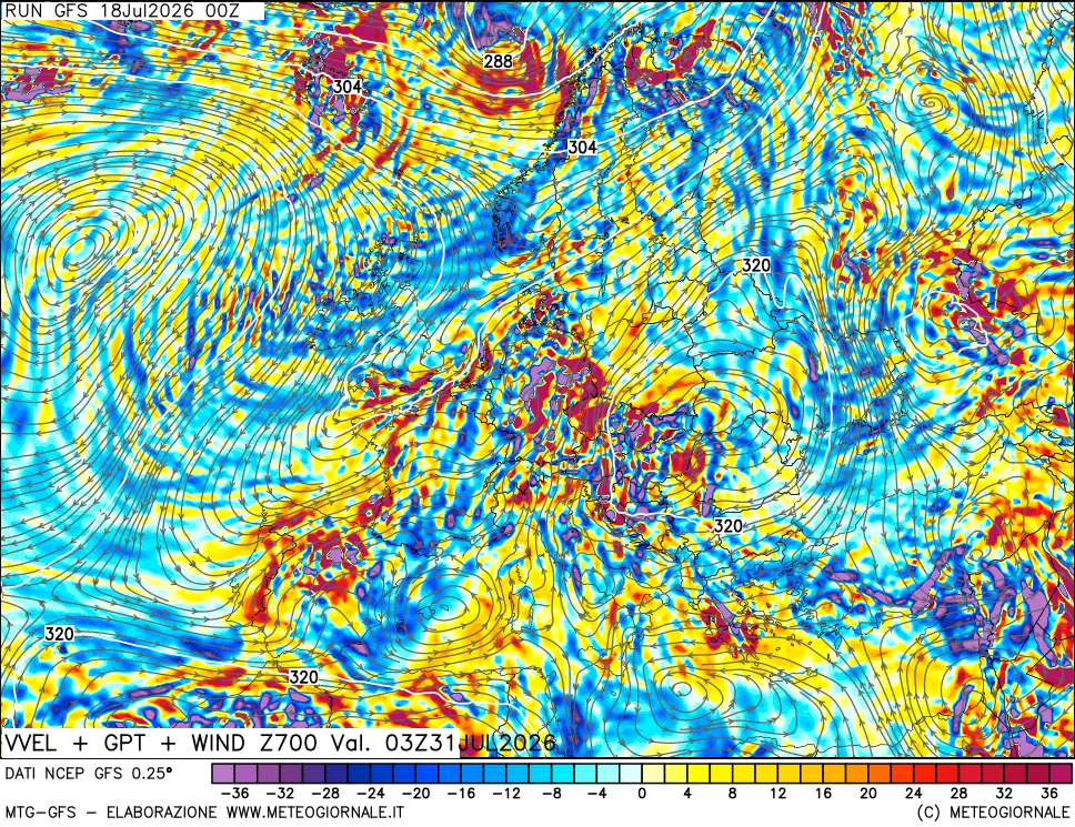 mappa 700 hPa Velocità verticiali + GPT + Vento