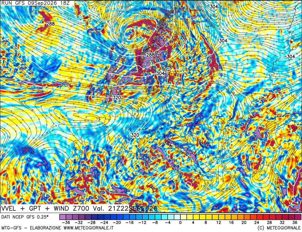 mappa 700 hPa Velocità verticiali + GPT + Vento