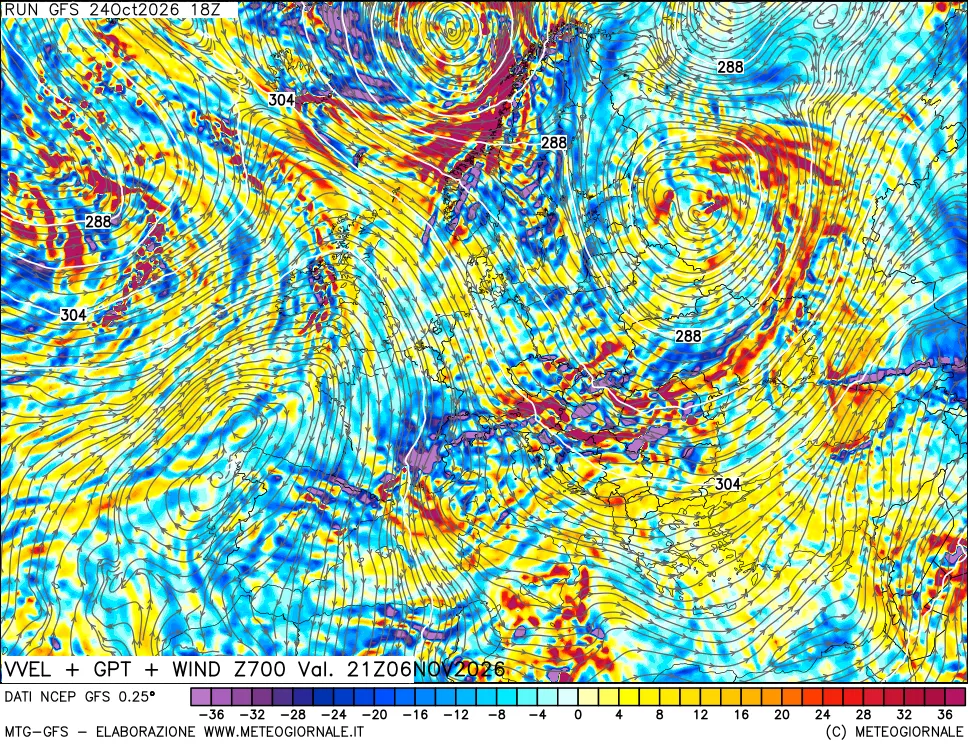 mappa 700 hPa Velocità verticiali + GPT + Vento