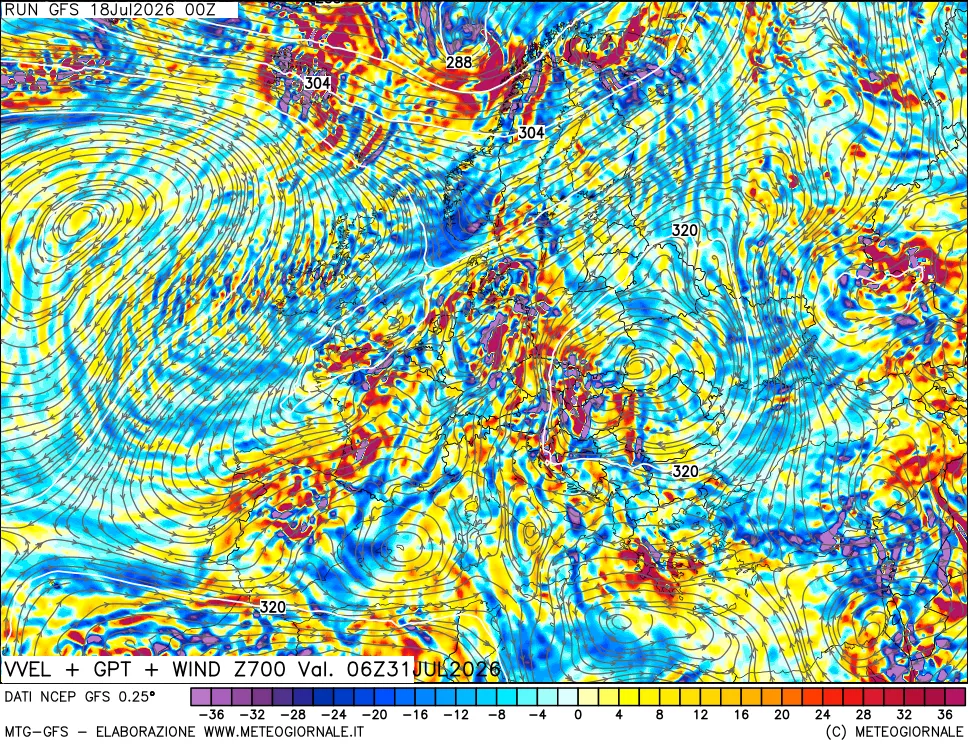 mappa 700 hPa Velocità verticiali + GPT + Vento
