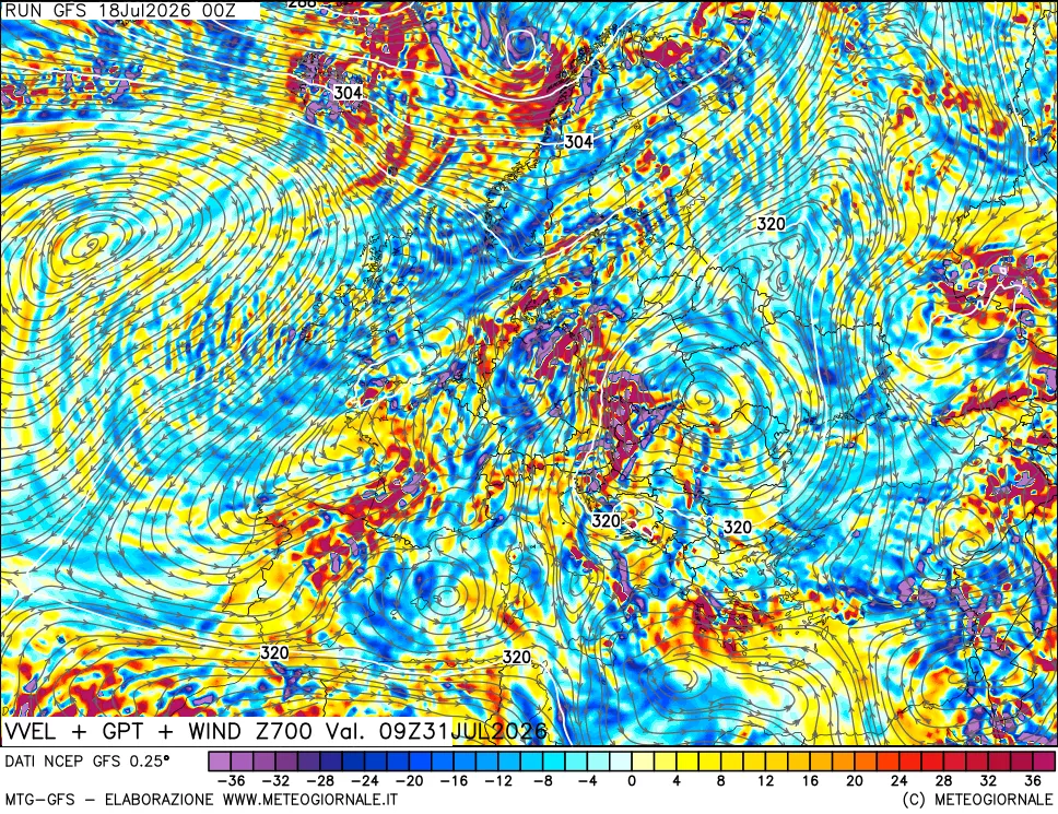 mappa 700 hPa Velocità verticiali + GPT + Vento