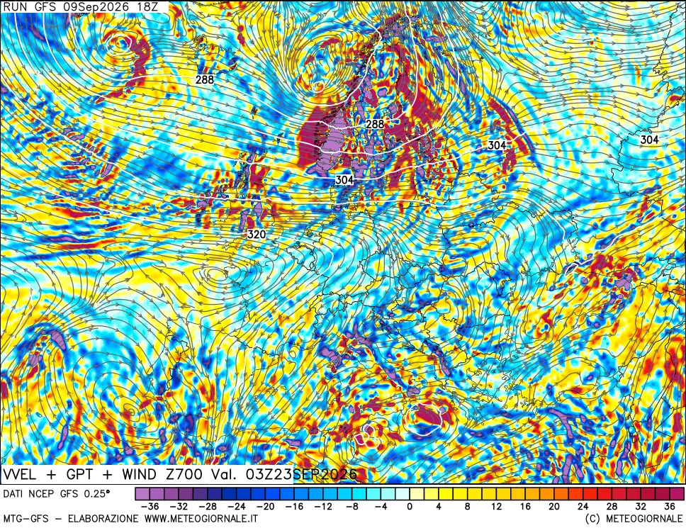 mappa 700 hPa Velocità verticiali + GPT + Vento